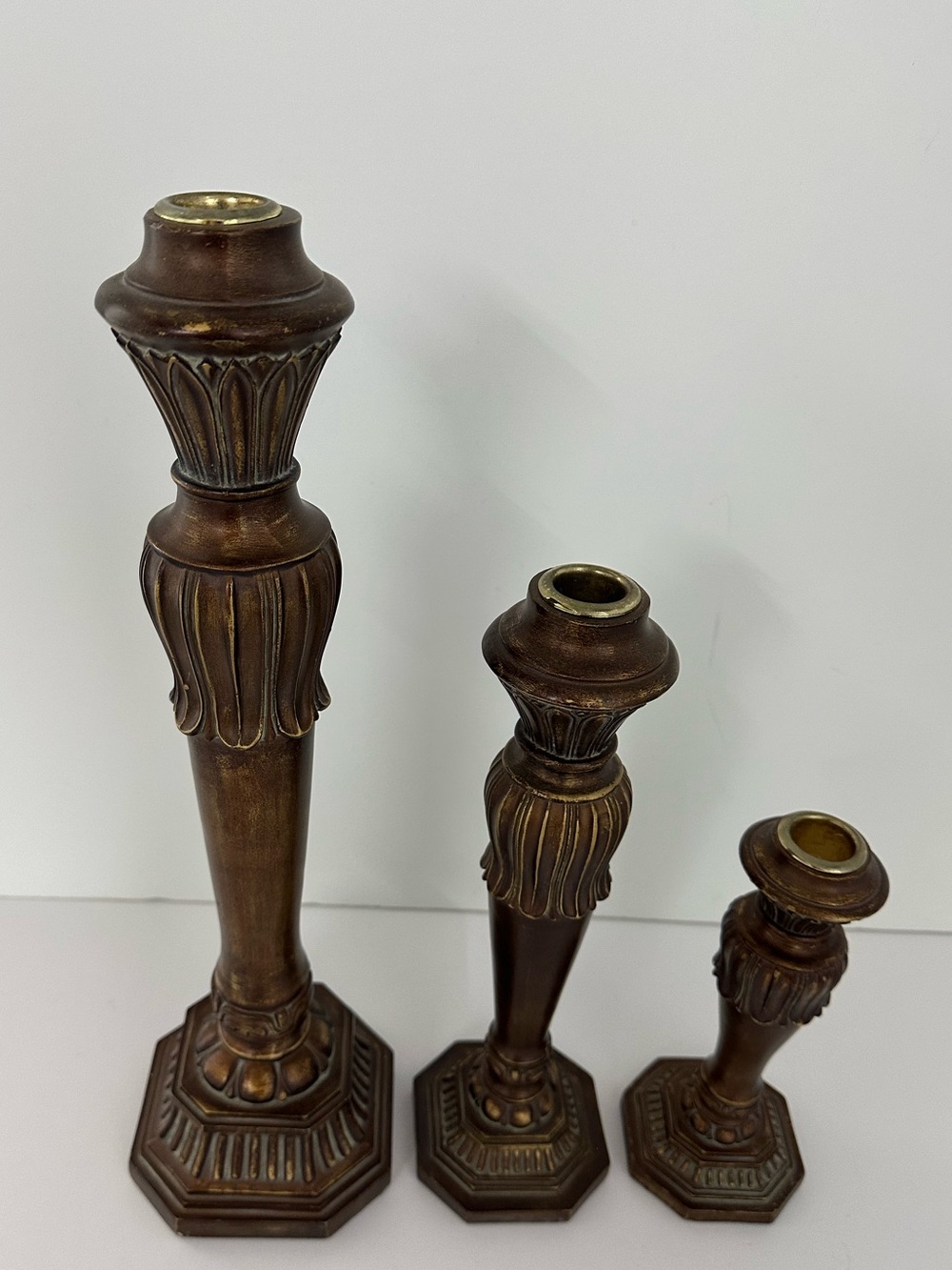 Antique-Style Brown Resin Taper Candle Holder Set - 3 Piece